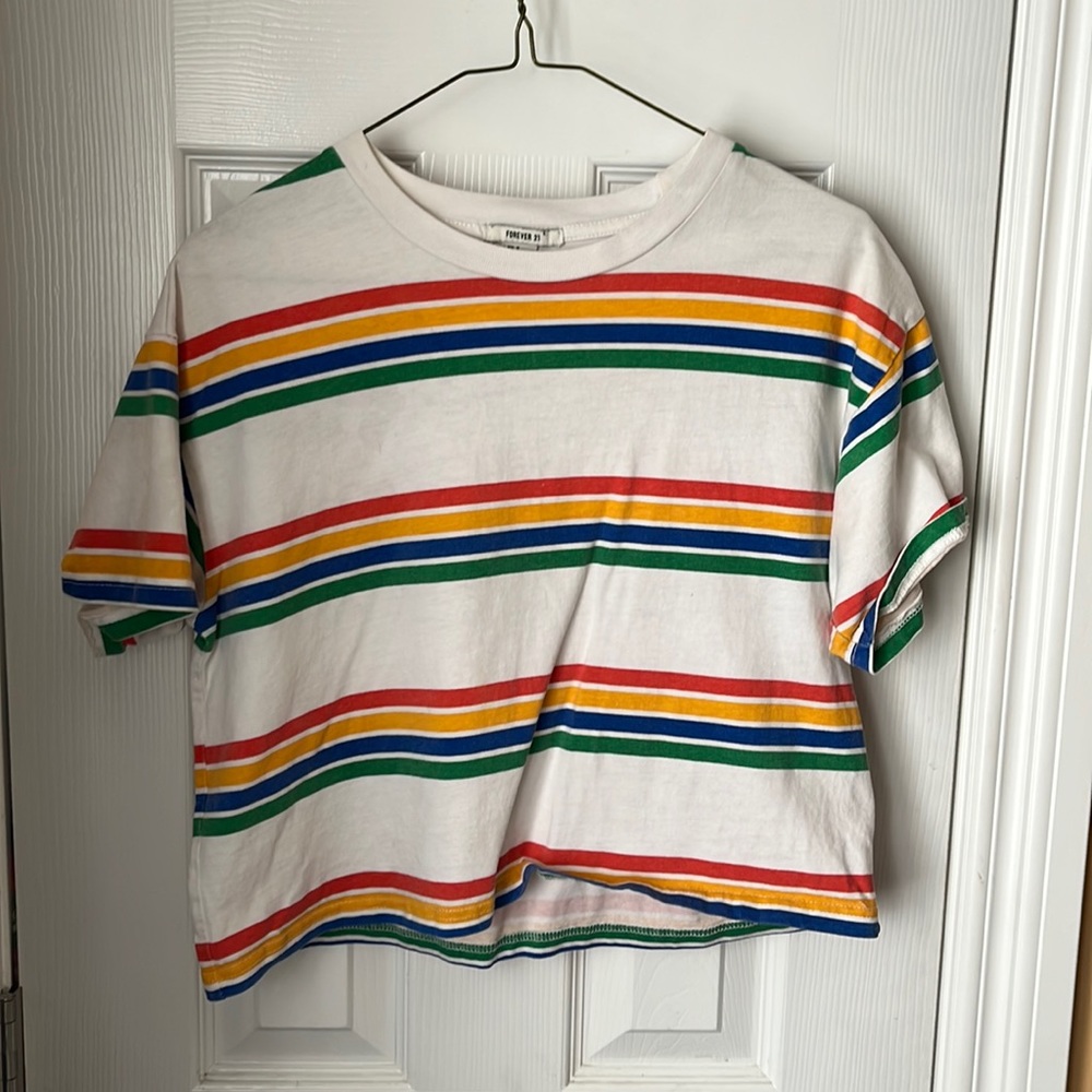 White Rainbow Striped Cropped T-Shirt